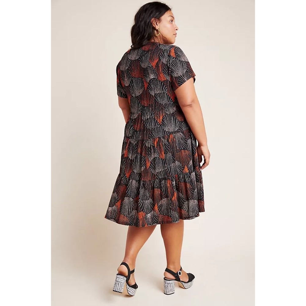Maeve Anthropologie Womens XS‎ Black Red Abstract Fan Print Tiered Mini Dress